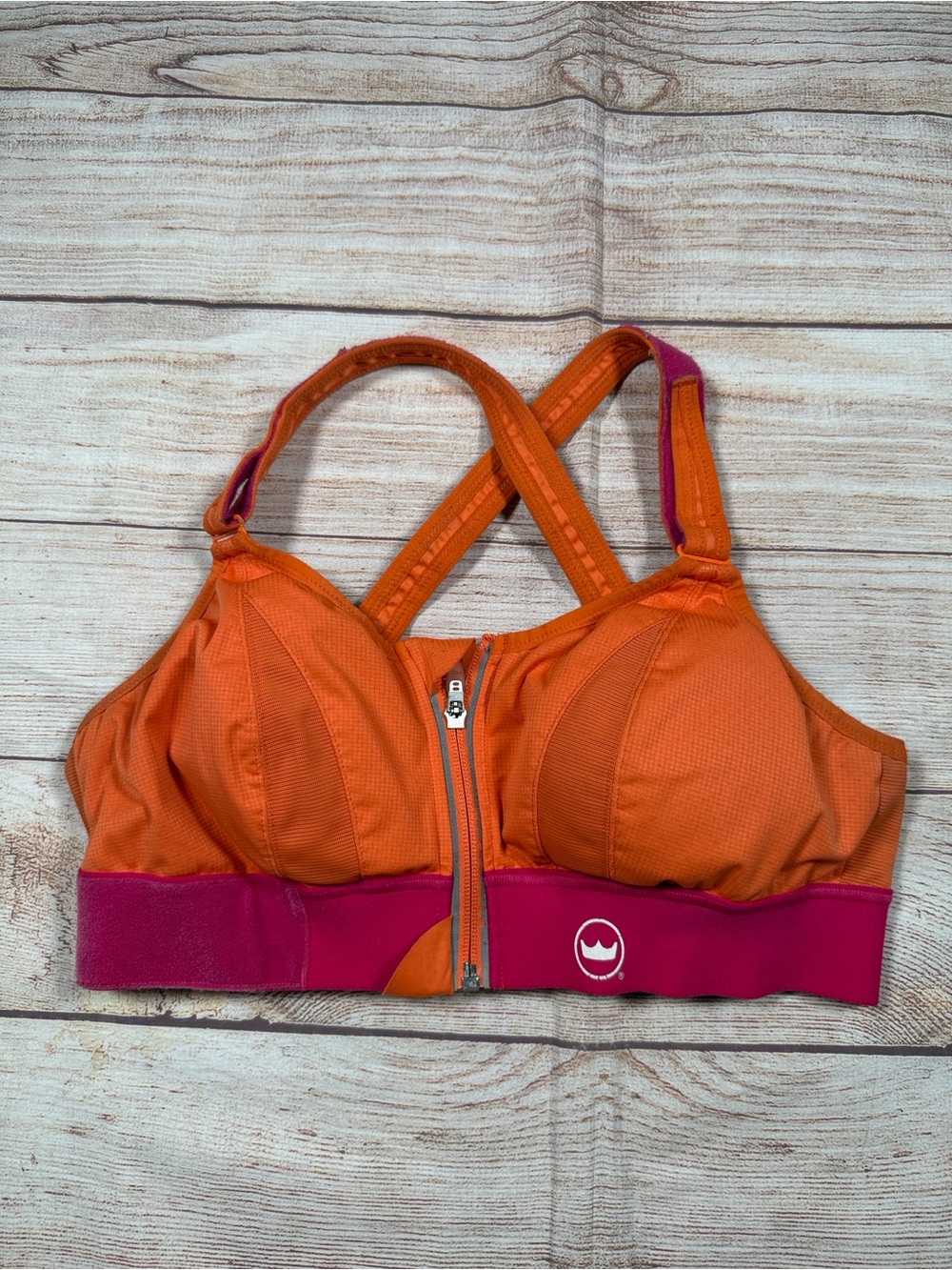 SHEFIT Ultimate Orange Front-Zip Sports Bra with Pink Underband